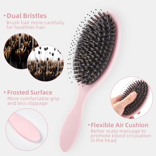Boar Bristles Hair Brush for Women and Men, Detangling Hair Brush for Smoothing Massage Add Shine, Nylon&Boar Bristles Detangler brush for Hair Healthy (1 Pack-Pink)