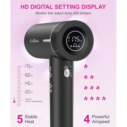 High-Speed Ionic Hair Dryer: 160000 RPM Brushless Motor Fast Drying Low Noise Thermo-Control Hairdryer,500 Millions Negative Ionic Care Blow Dryer Travel with Magnetic Diffuser & Nozzle