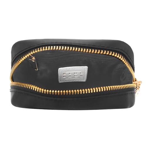 BLOC Bags Travel Makeup Bag, Cosmetic Bags for Women, Mini Makeup Bag, Cute Toiletry Bag, Beauty Bag with Chenille Patch, with Inside Zipper Pouch and Mesh Pockets (Lipstick, Black)