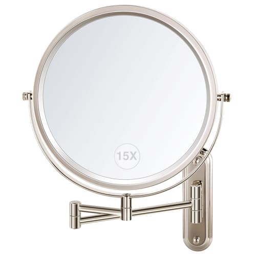 Wall Mounted Makeup Mirror, 15X/1X Double Sided Magnifying Mirror, 8.5 Inch Round, Brushed Nickel, Modern Style, Space Theme, 13" L x 11" W