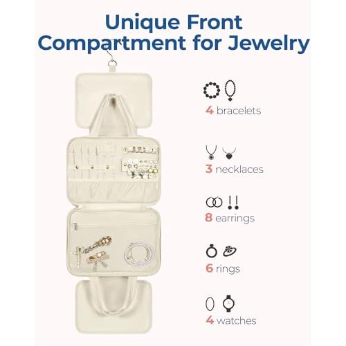 BAGSMART Travel Toiletry Bag with Jewelry Organizer, Hanging Travel Bag for Toiletries, Puffy Makeup Cosmetic Bag Organizer, Carry-on Travel Accessories Essentials, Beige-M