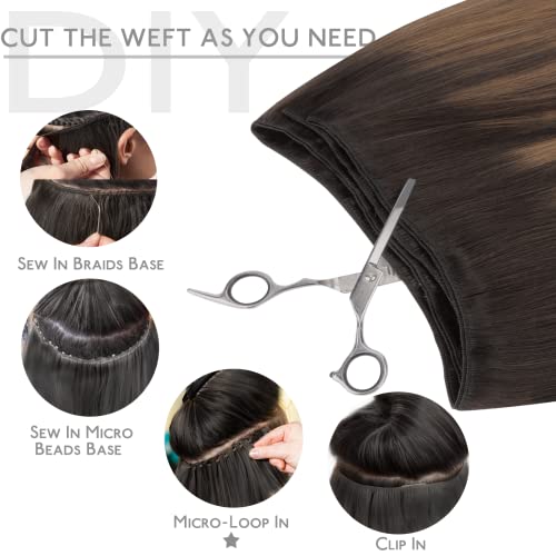 WENNALIFE Sew in Hair Extensions Real Human Hair, Weft Hair Extensions Human Hair 18 Inch 90g Balayage Dark Brown to Chestnut Brown Hand Tied Weft Straight Extensiones De Cabello Hmano