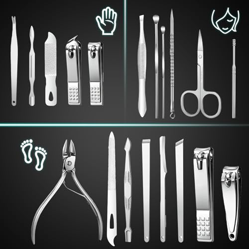 Manicure Set - 19 in 1 Professional Nail Clippers Pedicure Kit, Manicure Tool Kit, Stainless Steel Facial Grooming Set Kit, Gift Idea for Women, Men, Girls, Teens, Black