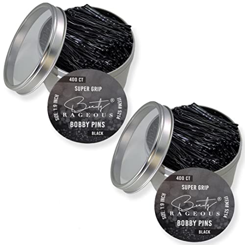 Super Grip Bobby Pins - Women's 1.9 Inch - Easy, Secure, All Hair Types - Handy Reusable Tin (Black - 800 Ct Approx)