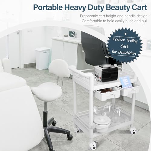2 Tier Esthetician Cart, Rolling Utility Cart with Bucket & 2 Big Drawers, Heavy Duty Salon Trolley with 360 Rotate Silent Wheels, Load 330lbs Mobile Medical for Salon Hospital Office Lab