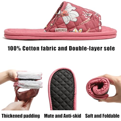 3 Pairs Floral Cotton House Slippers for Women, Open Toe Indoor Slippers Comfortable Washable Portable Foldable Guest Travel Hotel Airplane Spa Slippers