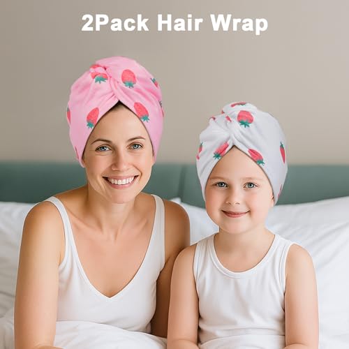 Unicorn Castle Microfiber Hair Towel for Kids 2Pack Hair Wrap Towels Absorbent Hair Drying Towel Wrap Hair Turbans for Curly Thick Hair, Pink White Strawberry