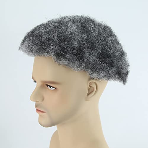 ZigZag Hair Afro Toupee for Black Men 1B Mix 50% Grey Fluffy Explosion Tight Afro Curly Mens Toupee Human Hair Short Hair Mono with PU Men's Wig 8x10inch Mens Hair Systems Hairpiece (1B Mix 50% Grey)