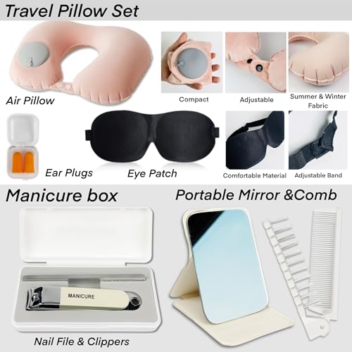 Travel Kit 39 Essentials for Travel Emergency, Large Capacity Toiletry Bag, All Purpose Grooming Set, Airplane Pillow Kit, TSA Approved (Pearl Bisque Beige)