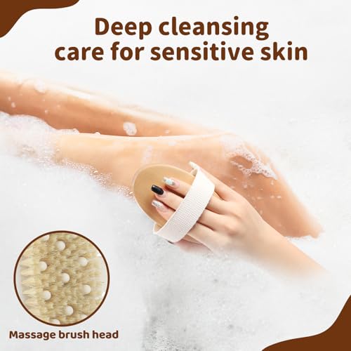 4 Pack Dry Body Brushing Brushes, Natural Bristle Exfoliating Scrub Brushes with Massage Nodes for Lymphatic Drainage, Skin Firming, Acne Treatment, and Cellulite Reduction