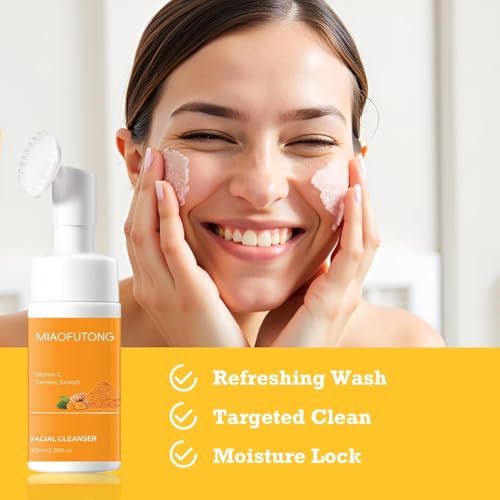 Turmeric Wash and Care 4-Piece Set ? Facial Cleanser with Brush, Soap Bars , Soft Face Cleansing Pads and Turmeric Oil ? Turmeric Face Wash Kit, Turmeric Skincare Set