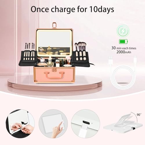 Makeup Case with Lighted Mirror, Makeup Box Organizer with Detachable LED Mirror, Travel Makeup Train Case, Waterproof Cosmetic Organizer, Standing Brush Holder, Gift, Rose Gold