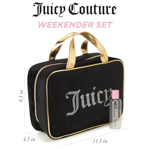 Juicy Couture Black Makeup Bag Cosmetics Organizer Travel Essentials Weekender Velour Rhinestone Gold Trim