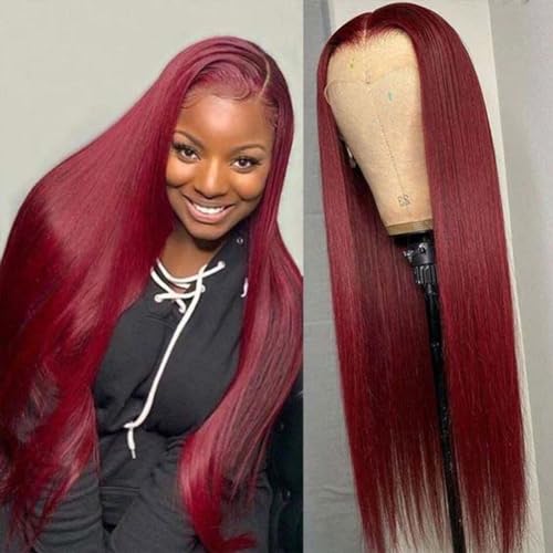 NICY Cherry Red Burgundy 99J Colored 13x4 Lace Frontal Wig Malaysian Straight Transparent Lace Front Human Hair Wigs Pre-Plucked(20inch, 13X4)