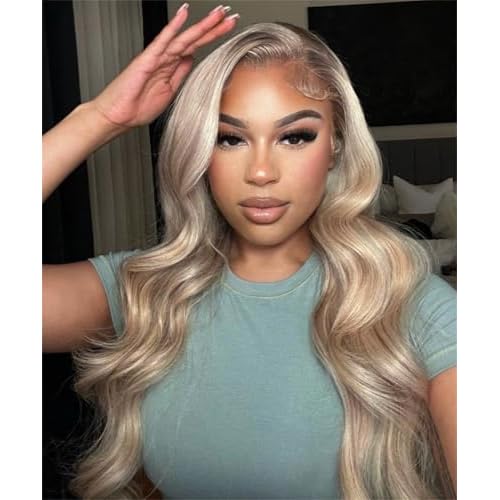 Rina 200% Density Milk Tea Ash Blonde Lace Front Wig Human Hair Upgrades Body Wave Platinum Grey Balayage Lace Front Wig More Full and Thicker 13x4 HD Invisible Frontal Wig for Women 26 Inch