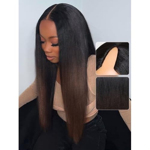 Beauty Forever V Part Wig Human Hair Yaki Straight EasiContour Vpart Wigs No Leave Out Ombre Chestnut Brown Glueless Upgraded U Part Wigs for Women None Lace Front Wigs T128 Color 150% Density 24inch