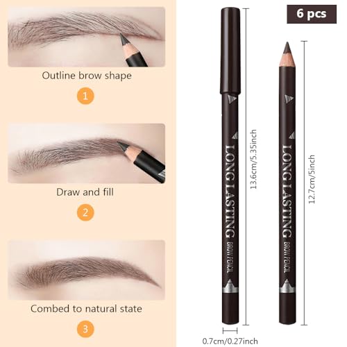 6Pcs Eyebrow Pencils for Women, Wooden Hard-Core Dark Brown Eyebrow and Eyeliner Pencil, Long Lasting Waterproof and Sweat-Proof, Beginner Makeup Brow Pencil,Create a Natural Eye Brow Makeup