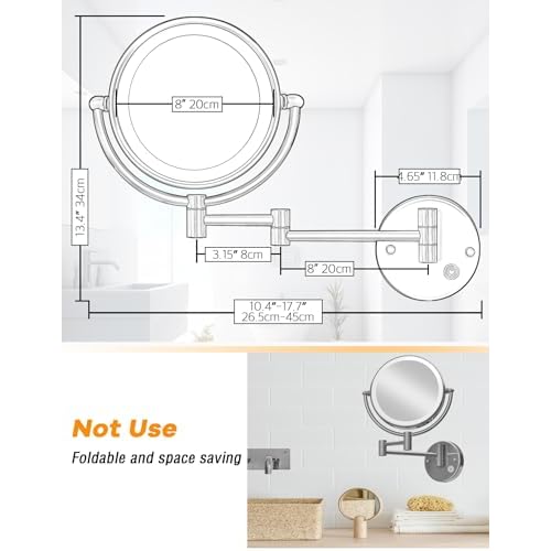 Wall Mounted Lighted Makeup Mirror with Magnification 5X, Rechargeable Magnifying Shaving Cosmetic Mirror with Extendable Swing Arm for Bathroom, Touch Stepless Dimming, Chrome