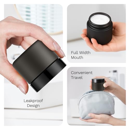 2 oz Glass Jars with Lids, Bumobum 48 pack Black Cream Jars with Black Lids, Black and White Labels & Inner Liners, Empty Cosmetic Containers for Cream, Lotion, Ointment