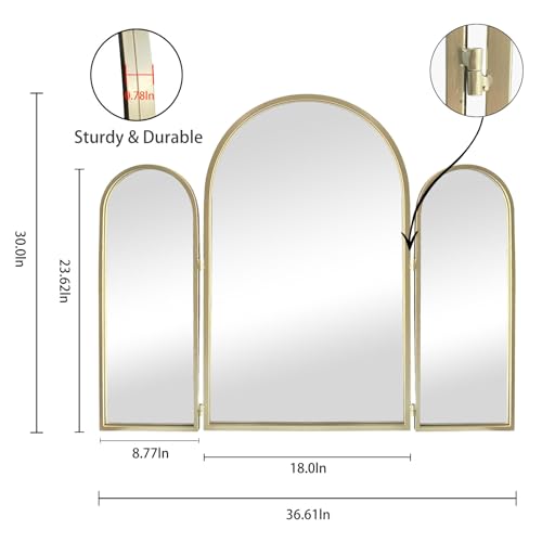 Trifold Vanity Mirrors 3 Way, 30 x 37in Adjustable Vanity Mirrors for Bathroom, Bedroom, Champaign Golden Arch Mirrors Wall Mounted Decoration, Braiding Hair, Makeup 360¡Æ Way