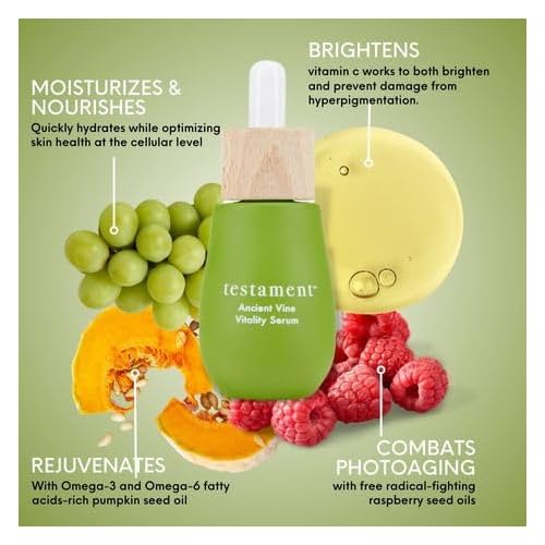 Testament Ancient Vine Vitality Face Oil Serum Vitamin C Natural Skincare with Anti-Aging Benefits. Inspired by the Mediterranean diet, clean beauty provides deep hydration to your skin-1oz