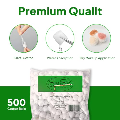 Spa Stix Cotton Balls. 500 Count Medium Size. Non Sterile Super Soft.,White