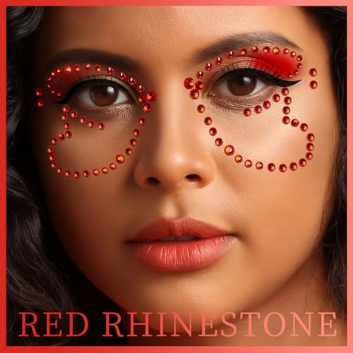 Teenitor 4 Sheets Face Gems Stick on, Face Jewels Red and Balck Face Rhinestones Gems, Festival Jewels Self-Adhesive Face Gems for Women, Rave Accessories for Face Eyes Body Halloween Makeup