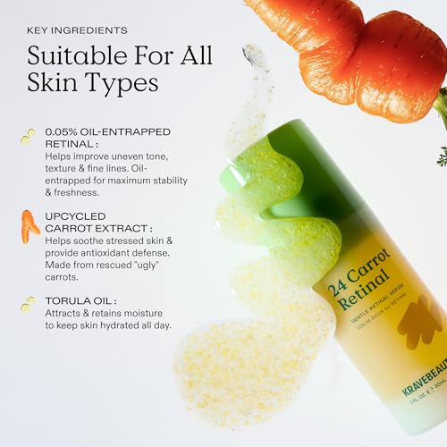 KraveBeauty 24 Carrot Retinal - 30ml, Gentle Retinal Serum, Smooths Skin Texture, Supports Skin Barrier, Lightweight Non-Sticky Gel, Nourishes with Upcycled Carrot Extract