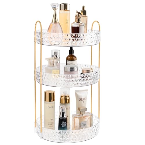 Rotating Makeup Organizer for Vanity, 3 Tier Perfume Skincare Storage for Women, Bathroom Counter Organizer, 360 Spinning Cosmetic Holder for Dresser Countertop, Clear