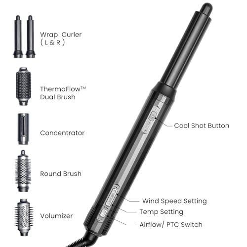 GLAMUP¢ç FusionPro¢â 6 in 1 Hot Air Styler- Wrap Curler & Thermal Brush Straightener, High Speed Hair Dryer, Round Brush, Volumizer, Hair Styling Gift Set with Travel Bag, Blow Dryer Brush