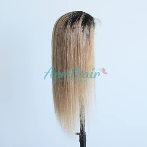 Pre-plucked Ombre #1B/27 Dark Root Honey Blonde 360 Lace Frontal Wigs Straight Glueless 150% Density Brazilian Virgin Human Hair With Baby Hair Full (18" inch, Straight)