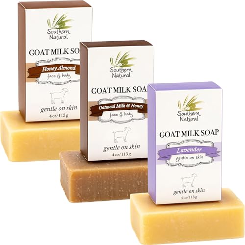 Southern Natural Goat Milk Soap Bar ? Oatmeal Milk & Honey, Lavender, Honey Almond ? Handmade for Dry and Sensitive Skin ? Face & Body Wash for Men, Women, Kids, Baby ? 3 pack (4-4.5 oz)