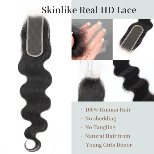 2x6 SKINLIKE Real HD Lace Closure Only 0.095mm Ultra-thin Invisible HD Lace Pre Plucked Single Knot Body Wave Lace Closure Human Hair 18 inch
