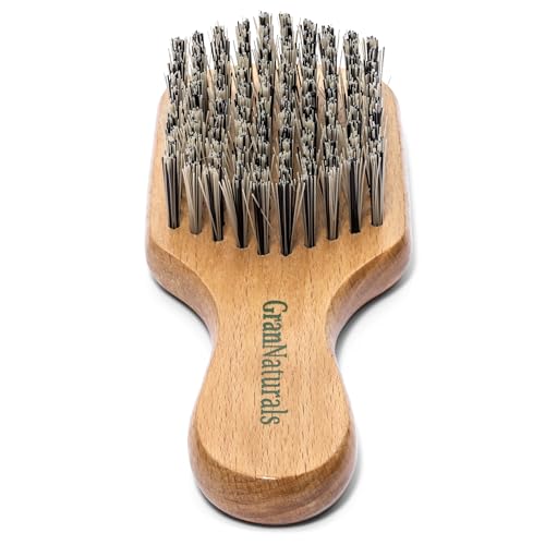 GranNaturals Hard Bristle Slick Back Hair Brush for Men & Women with Thick Curly Hair - Stiff Reinforced Nylon Small Hairbrush for Smoothing, Waves, Beard, Fades, Locs, Dreads