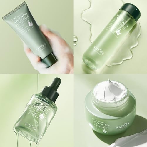 7pcs Avocado Skincare Kit, Skin Care Gift Set with Facial Cleanser, Toner, Lotion, Face Serum, Face Cream, Eye Cream, Lip Balm For Hydrating Skin Anti-Aging Skin For Women Teen Girls (7 Count)