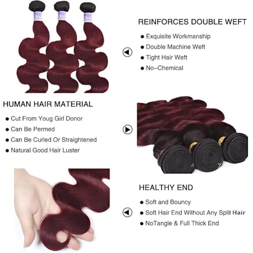 1B/99J/Red Ombre Body Wave Human Hair Bundles 12A Grade 3 Tone Black Burgundy Red Human Hair Bundles 22 24 26Inch Unprocessed Virgin Hair Body Wave