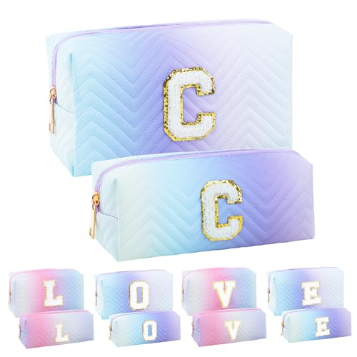 2-Pack Quilted Makeup Bag Set ? Cute Cosmetic Pouch for Travel, Toiletries, Purse & Organizer ? Large Small Zipper Makeup Bags, Personalized Initial Gift for Women, Teens, Girls, Purple C