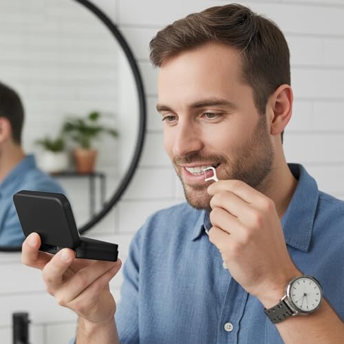 2Pack Dental Floss Portable Case with Mirror,Refillable Portable Floss Pick Holder Container,Small Floss Dispenser for Travel, Dates,Dinners and Hotels(Black)