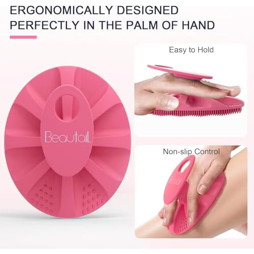 Silicone Body Scrubber 2 Pack, BEAUTAIL Shower Bath Wash Brush, Gentle Exfoliating Scrub Cleansing Loofah for Women Men Baby Sensitive Skin, Easy to Clean, Lather Nicely, More Hygienic, Pink+Blue