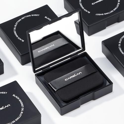 CARSLAN Black Magnet Oil Blotting & Setting Sheets with Mirror & Powder Puff, 2-in-1 Oil Absorbing Facial Papers, Natural Plant Fiber, On-the-Go Touch-Up, 150 Sheets + 8 Refill Pads