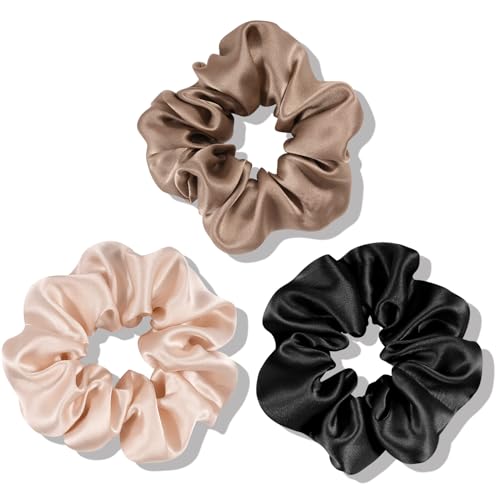 OLESILK 100% Mulberry Silk-Scrunchies for Hair Sleep, Women Grils Silk Hair Ties for Frizz & Breakage Curly Hair, No Damage, Elastics Ponytail Holder, 3 Pack