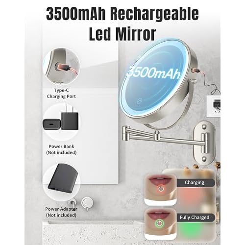 Wall Mounted Makeup Mirror with Light, 20X/1X 8'' Double Sided LED Magnifying Bathroom Lighted Vanity Mirror with Magnification, 3 Color Light up Touch Dimmable Extended Arm 360 Rotation