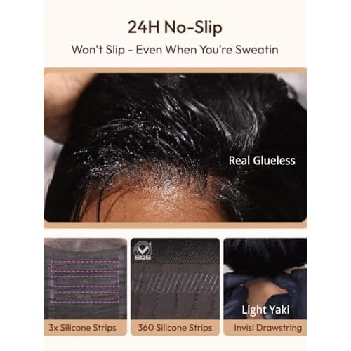 Nadula Bye Bye Knots No Slip Yaki Straight Glueless Drawstring Wig Human Hair with Flexible Mesh Cap Fits All Head, Pre Cut 7x5 Bye-Bye Slip HD Lace Front Pre Everything Light Yaki Straight Wig 16inch