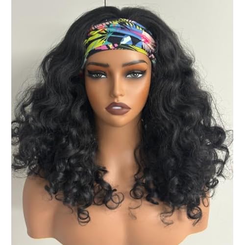 YAKI Body Wave Headband Wig Loose Curly Heabdand Wigs Glueless Synthetic Hair Natural Black Wigs for Black Women None Lace Front Wigs Headband Wigs 150% Density (Short)
