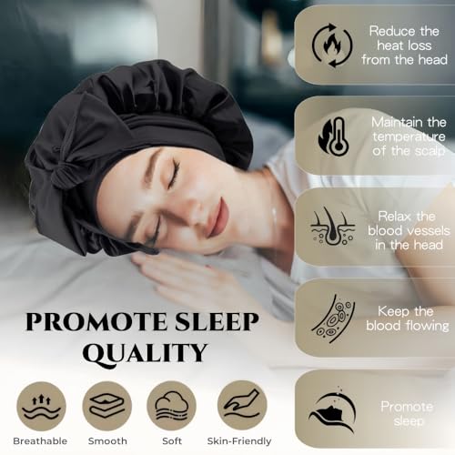 Silk Bonnet for Sleeping Women, Ajustable Hair Bonnet for Curly Hair with Tie Band Shower Caps Black£¬Large