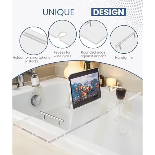 Acrylic Bathtub Tray Clear Bathtub Caddy Bath Tray Table for Tub Luxury Spa with Book and Wine Glass Holder Bathroom Accessories for Bathroom Decoration, Transparent 39.3inch