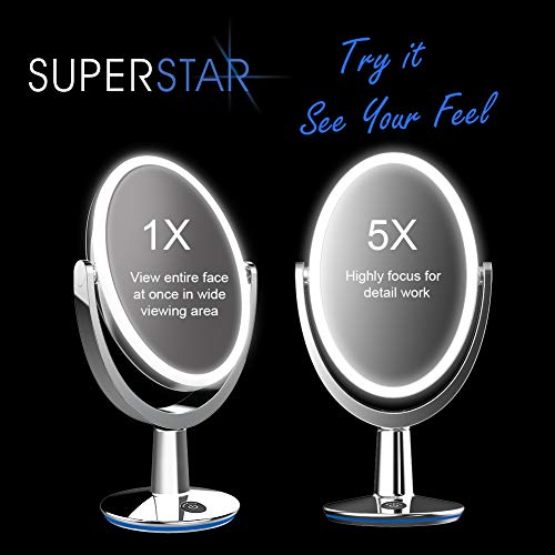 Superstar Oval Shaped Dual-Sided Lighted Makeup Mirror, 1X/5X Magnifying Vanity Makeup Mirror, 360 Degree Rotating Adjustable Brightness Mirror, Brushed Nickel
