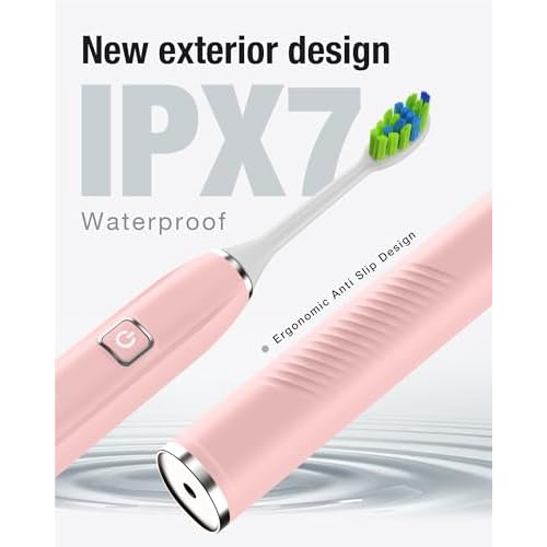7AM2M Sonic Electric Toothbrush with 6 Brush Heads for Adults&Kids, One Charge for 120 Days, Wireless Fast Charge, 5 Modes, 40000VPM Powered Toothbrush, 2 Minutes Built in Smart Timer -Pink