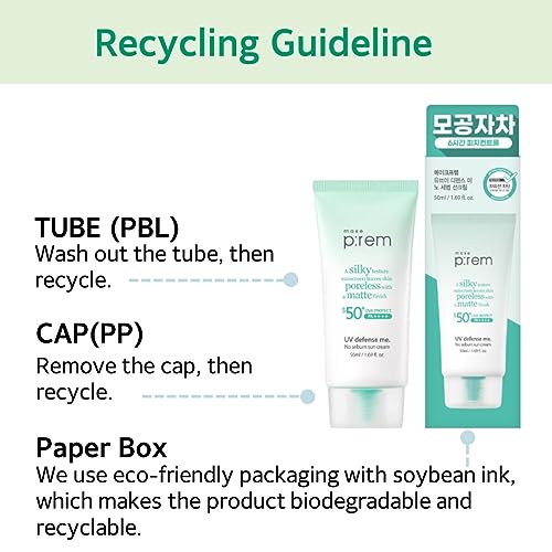 MAKE P:REM UV Defence me. No Sebum Sunscreen, SPF 50+ PA++++ Reef-Safe Silky Texture with Poreless and Matte Finish, UVA/UVB Protection, Korean Sunscreen, 1.69 fl. oz. (50ml)