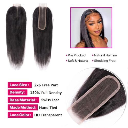 10A Brazilian Straight Human Hair Bundles with 2x6 Closure 20 22 24+18 Inch 100% Unprocessed Straight Virgin Hair Weave Bundles Human Hair with 2x6 HD Lace Closure